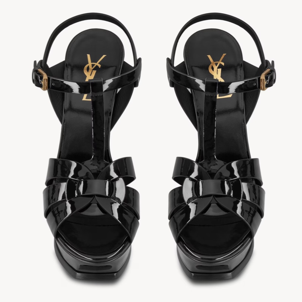 Saint Laurent Black Patent Leather Tribute Platform Sandals Heels Size 38 Authen